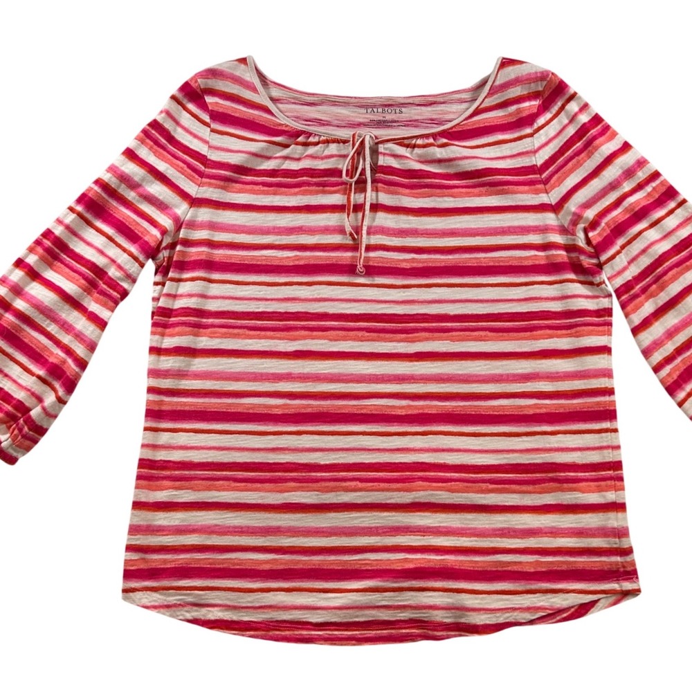 Talbots Womens Pink Orange Striped 3/4 Sleeve Keyhole Tie Neck Top Size M‎ Boho